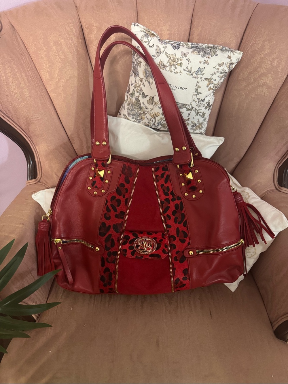 Sharif Red Leather and Calf Hair Leopard-Accent Shoulder Bag